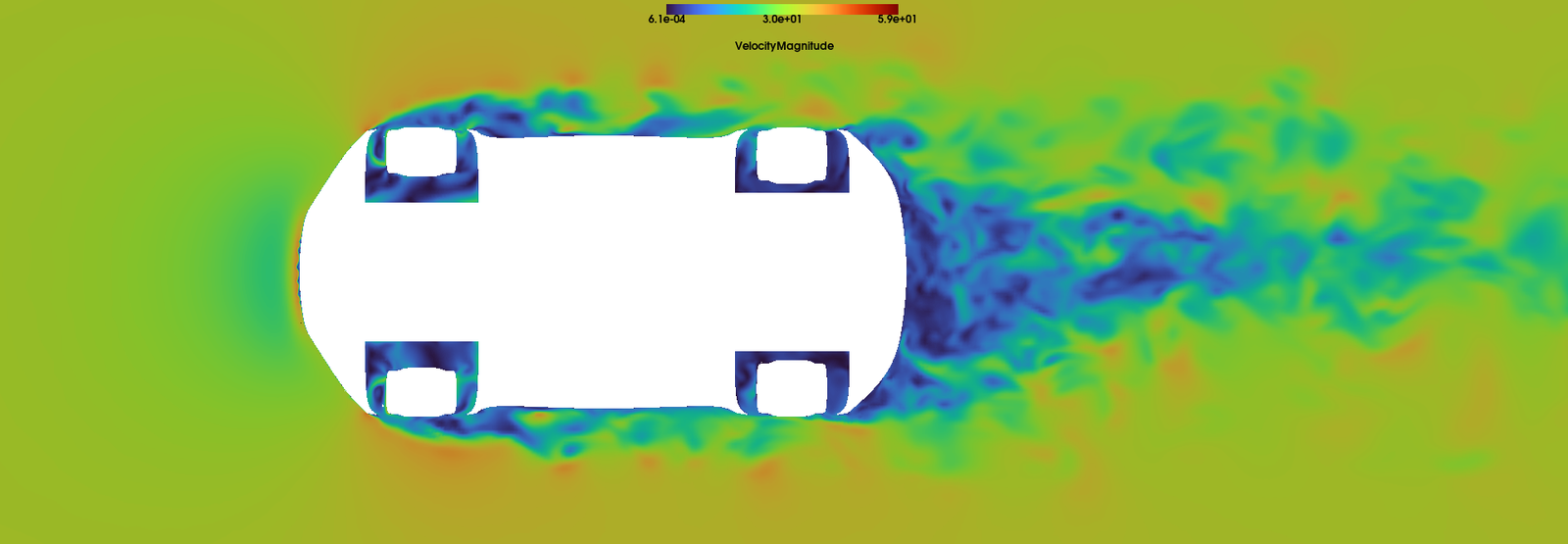Velocity magnitude (m/s), showing wheel-region, side-body and downstream wake flow.